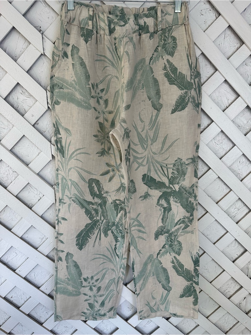 Marisima Beige 100% Linen Blend Tropical Print Pants Made in Italy One Size
